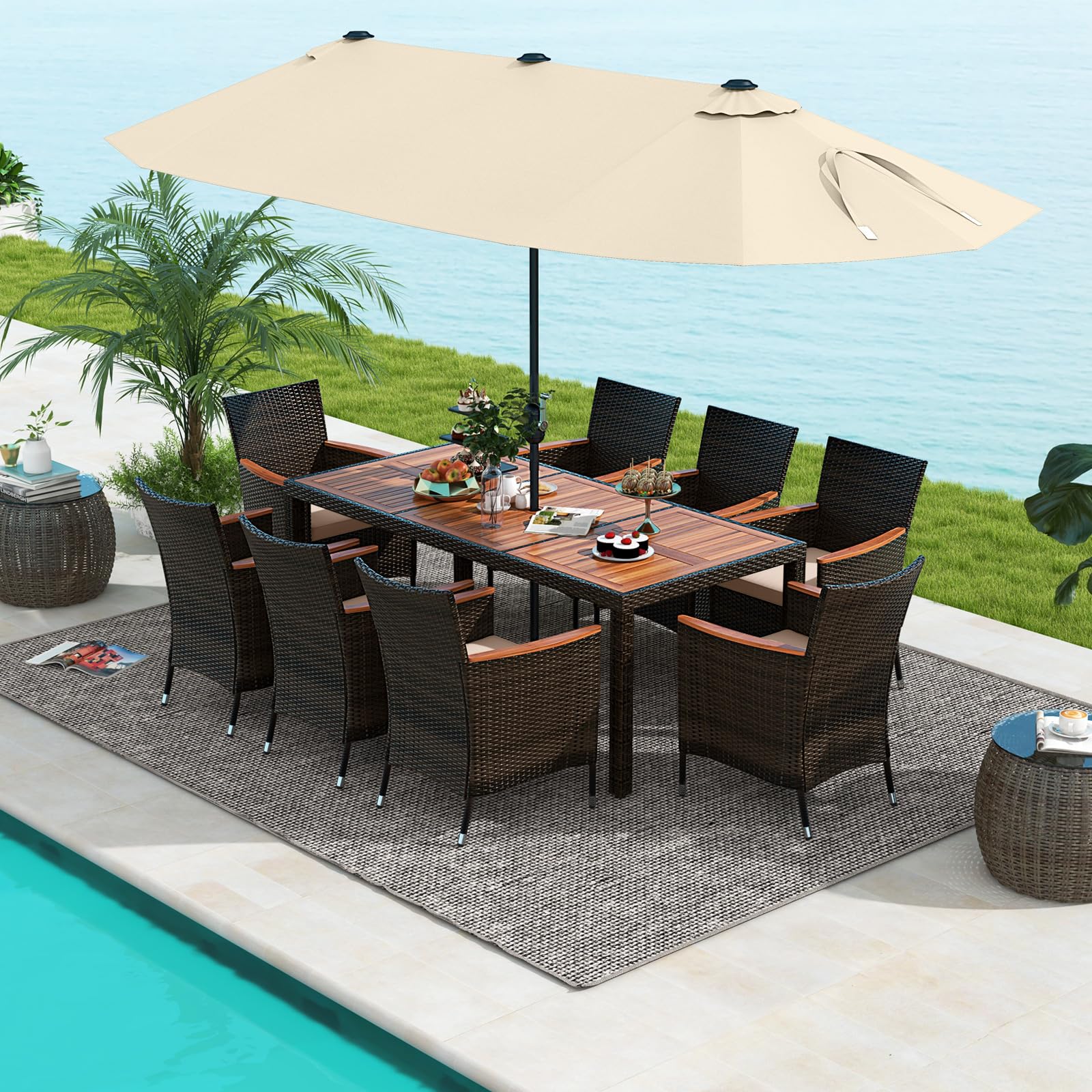 Ensemble de salle à manger Tangkula 10 pièces en rotin pour terrasse avec parasol double face de 4,5 m, table d'extérieur en bois d'acacia et ensemble de chaises en osier